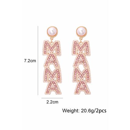 Apricot Pink MAMA Rhinestone Pearl Dangle Stud Earrings