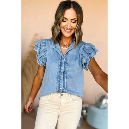 Beau Blue Button Front Ruffled Flutter Frayed Denim Top