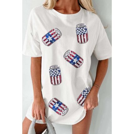 White Sequin American Flag Can Oversized Graphic Tee