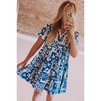 Blue Ricrac Trim Split Neck Floral Loose Dress