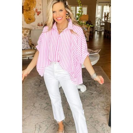 Pink Stripe Dolman Sleeve Oversize Shirt