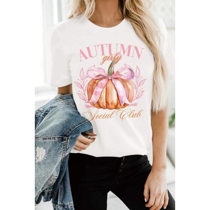 White Autumn Girly Thanksgiving Bowknot Pumpkin Graphic T Shirt