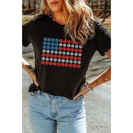 Black Cute Flowers Make Up American Flag Trendy Graphic T Shirt