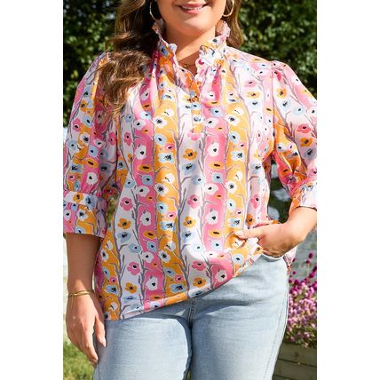 Pink Floral Ruffled Collar Bracelet Sleeve Plus Size Blouse Top