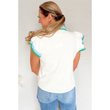 White Color Contrast Ruffled Sleeve Collared V Neck Blouse
