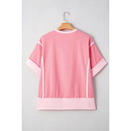 Peach Blossom Two Tones Patchwork Half Sleeve Plus Size T Shirt