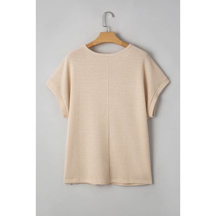 Oatmeal Lace Patchwork Waffle Short Sleeve Plus Size Top
