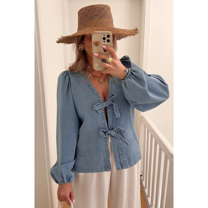 Dusk Blue Tied Front Long Puff Sleeve Denim Top