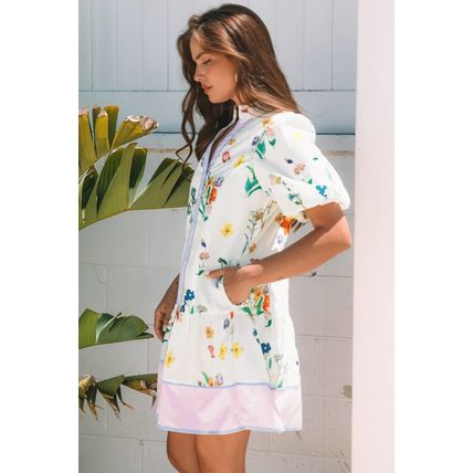 White Floral Print Contrast Striped Patchwork Short Puff Sleeve Dress