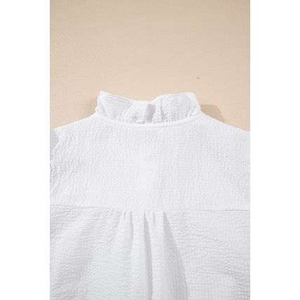 White Striped Ruffle Short Bubble Sleeve Shirt