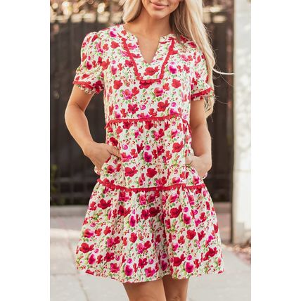 Red Floral Puff Sleeve Tiered Ric Rac Pocketed Mini Dress