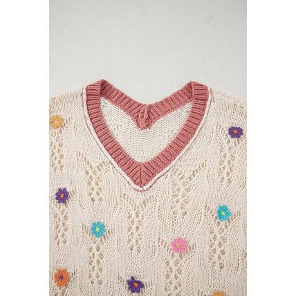 Delicacy Embroidered Flowers Colorblock Edge Hollowed Sweater