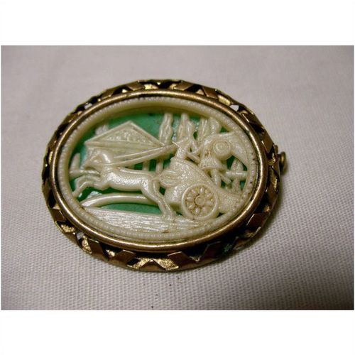 Horse drawn carriage brooch in organic material Fine antique Pin 1890s