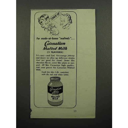 1945 Carnation Malted Milk Ad - For Made-at-Home