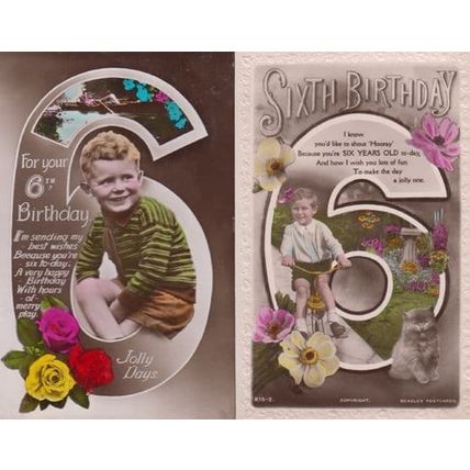 Bicycle Rowing Boat Childrens Antique Happy 6th Sixth Birthday RPC 2x Postcard