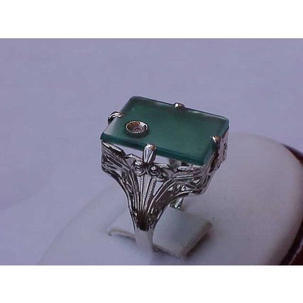 Antique Art Deco Chrysoprase 14k White Gold Diamond Filigree Ring, Circa 1950s