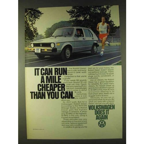 1979 Volkswagen Rabbit Diesel Car Ad - Run a Mile