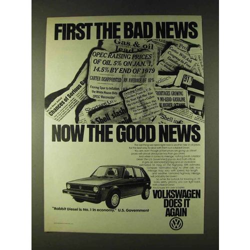 1979 Volkswagen Rabbit Diesel Car Ad - First Bad News
