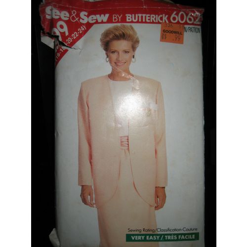 Vintage Butterick #6062 Misses Jacket/Top/Skirt Pattern - Sizes 20/22/24