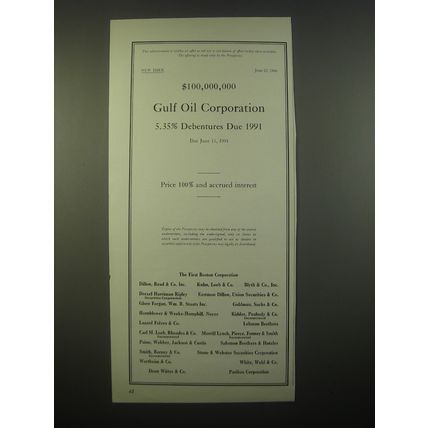 1966 Gulf Oil Ad - $100,000,000 Gulf Oil Corporation 5.35% Debentures due 1991