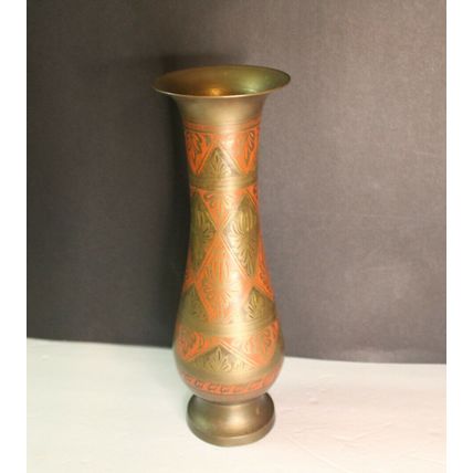 VTG Vase Hand Painted Etched Brass from India Unique Gift Home Decor Staging 12"