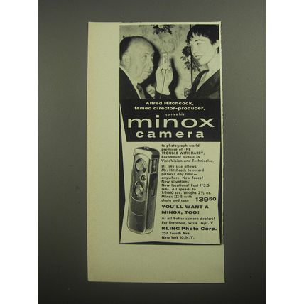 1956 Minox Camera Ad - Alfred Hitchcock, famed director-producer