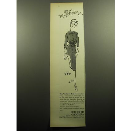 1958 Bergdorf Goodman Re-Go Dress Ad - The waist is drawn
