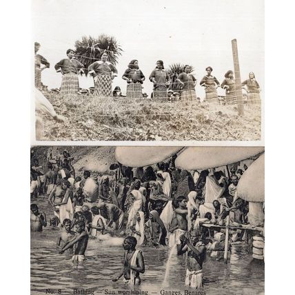 Bathing Sun Worshiping Ganges Benares India Old Postcard & Bonus Rare RPC