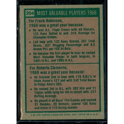 1975 Topps #204 Frank Robinson/Bob Clemente MVP LOW TO MID GRADE