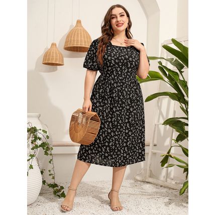 sleeve square neck slim fit dress Plus size women's printed short