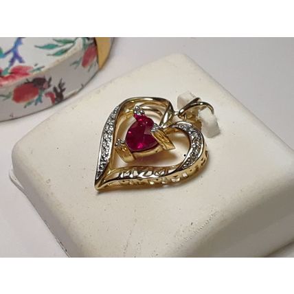 Estate 3/4ctw Heart Cut Lab Ruby &White Diamond "MOM" Heart 10Kt YG Pendant20483