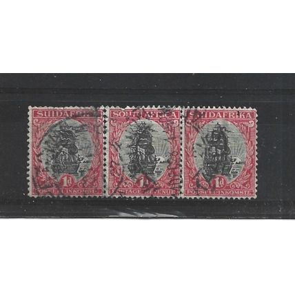 SouthAfrica.SG43 1d Dromedaris (Van Riebeeck's ship) strip of 3.Fine Used.Aug25