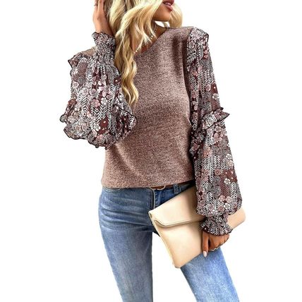 Pale Chestnut Ruffle Tiered Floral Sleeve Crew Neck Blouse