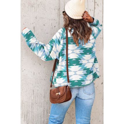 Green Geometric Aztec Pattern Plus Size Fleece Jacket