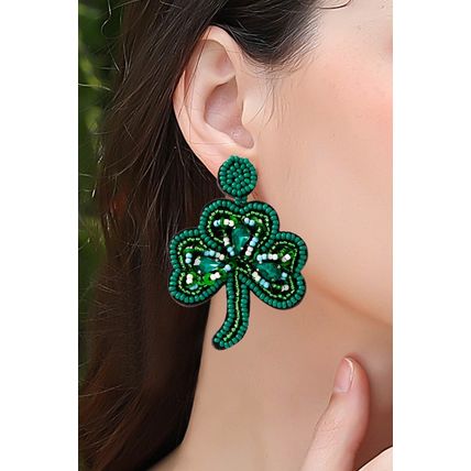 Blackish Green St Patrick Shamrock Rice Beaded Stud Earrings