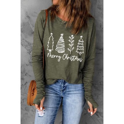 Green Merry Christmas Trees Thumbhole Sleeve Graphic Tee