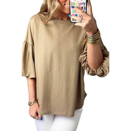 Light French Beige Solid Color Lantern Sleeve Drop Shoulder Blouse
