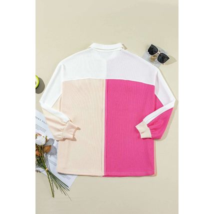 Rose Red Colorblock Ribbed Collared Oversized Sweatshirt