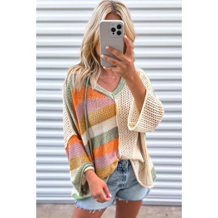 Beige Oversized Colorblock V Neck Hooded Sweater