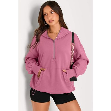 Valerian Solid Kangaroo Pocket Half Zipper Oversized Hoodie