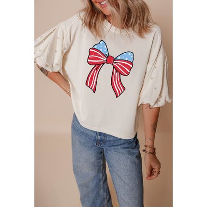 White Stars Stripes Bowknot Graphic Pearled Puff Half Sleeve T Shirt