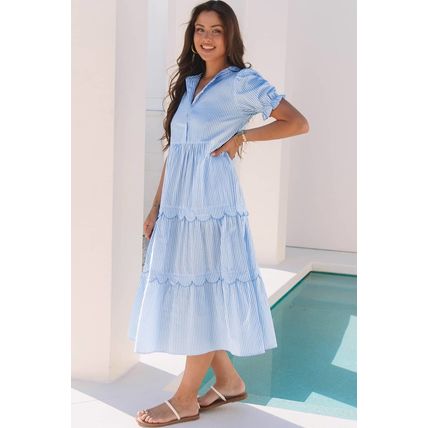 Sky Blue Stripe Bubble Short Sleeve Tiered Scallop Long Dress