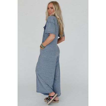 Beau Blue Half Placket Chest Pockets Short Sleeve Wide Leg Jumpsuit