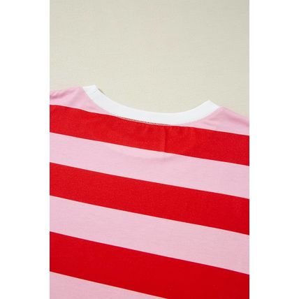 Pink Stripe Patchwork Round Neck Side Split Loose T Shirt