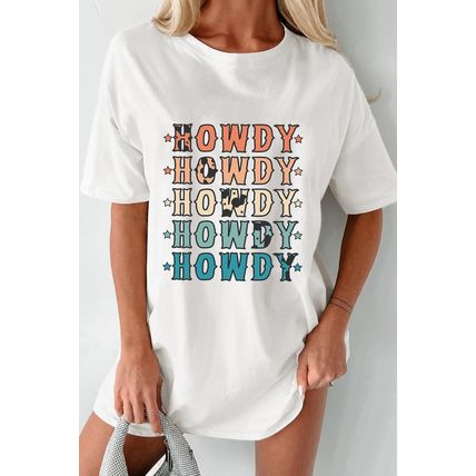 White HOWDY Stars Print Crew Neck Loose Fit T Shirt