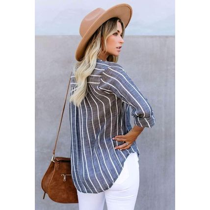 Blue Striped V Neck Pocket Long Sleeve Top