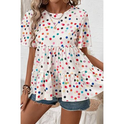 White Colorful Polka Dot Short Sleeve Tiered Ruffled Babydoll Blouse