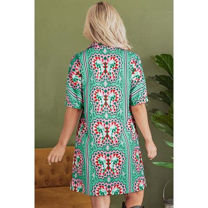 Mint Green Geometric Butterfly Print Split Neck Short Sleeve Dress
