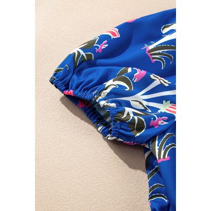 Sky Blue Floral Puff Short Sleeve V Neck High Waist Maxi Dress