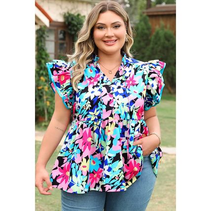 Blue Floral Flutter Sleeve Tied Notched Neck Plus Size Blouse